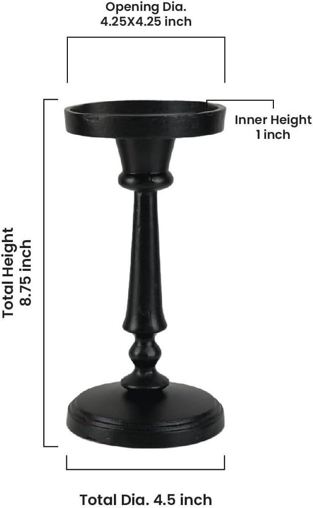 Serene Spaces Living Twilight Black Pillar Candle Holder, Elegant Cast Iron Candle Stand for Home Décor, Weddings, Birthdays, Cozy Evenings - Sturdy Base, 4.25" Diameter & 8.75" Tall, Pack of 6