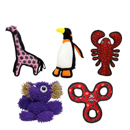 TUFFY® 5 Pack Jr Lobster, Giraffe, 3WayTug, Penguin & Elephant Dog Toys