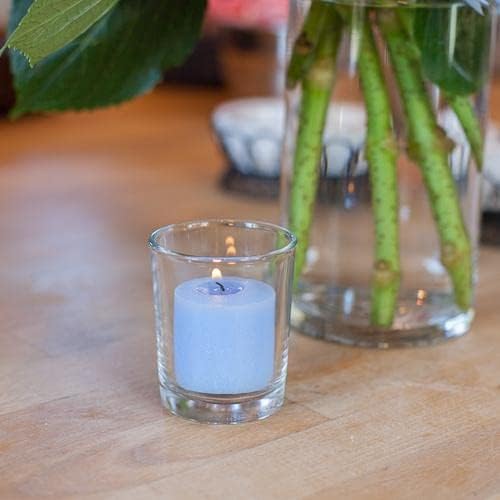 Set of 144 Richland Votive Candles Light Blue Unscented and 144 Clear Glass Eastland Votive Holders
