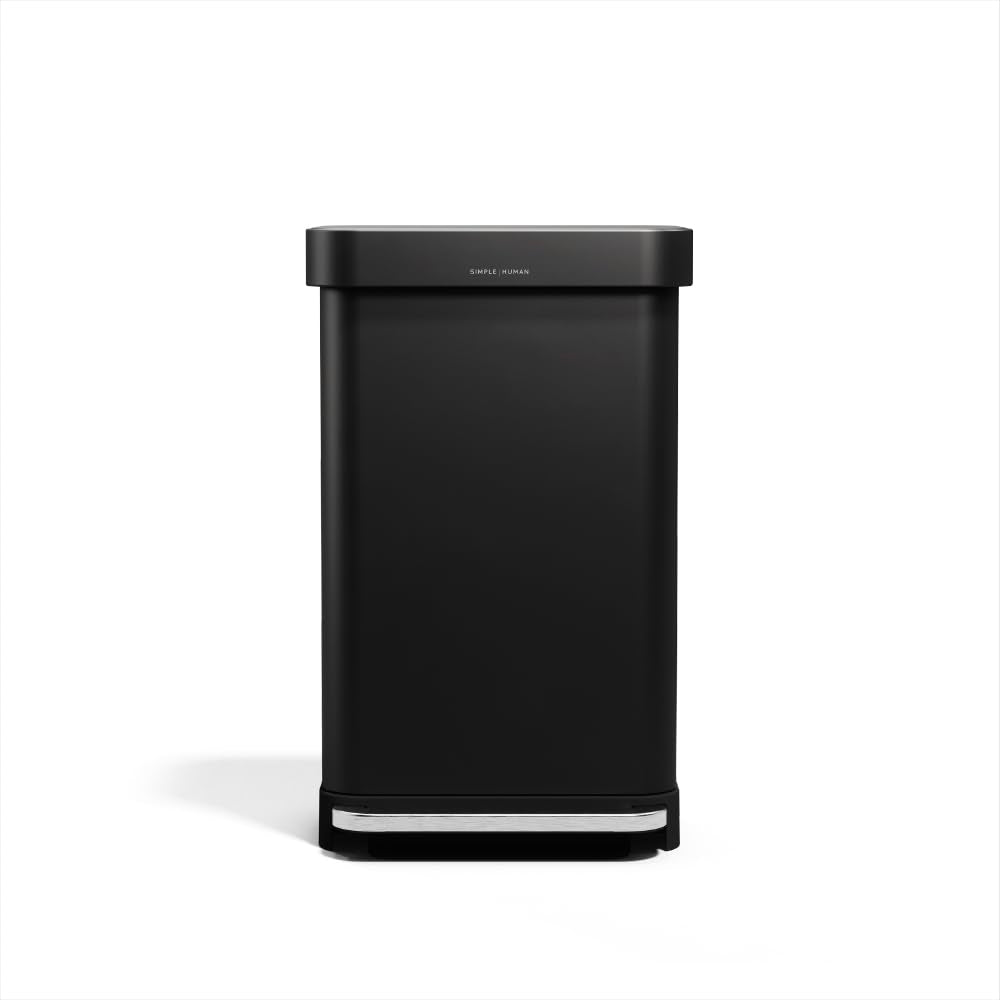 simplehuman Rectangular Step Can, 45L / 12 Gallon Kitchen Trash Can, Liner Rim System, Liner Pocket®, 150,000-Step Pedal, Lid Shox® Silent Close, Brushed Stainless Steel with Grey Plastic Lid
