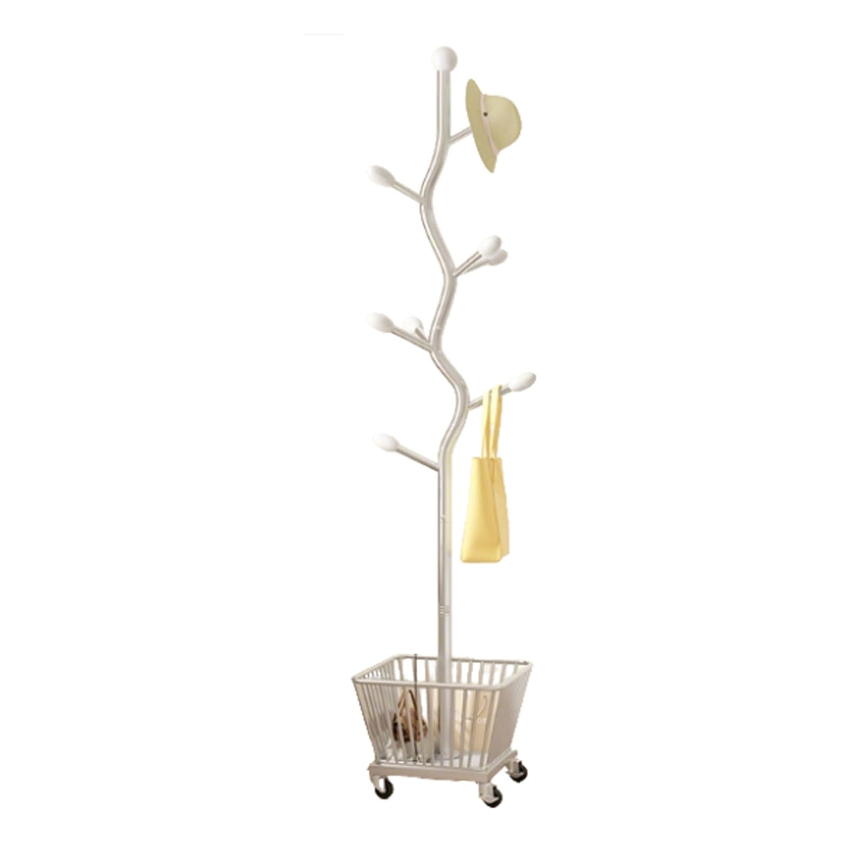 Freestanding Portable Metal Coat Rack Tree-shaped Coat Stand with Storage Basket Coat Rack Stand Perchero Para Colgar Bolsas Suitable for Bedrooms Offices Hallways and E Glossy Silver 12.59in*68.89in