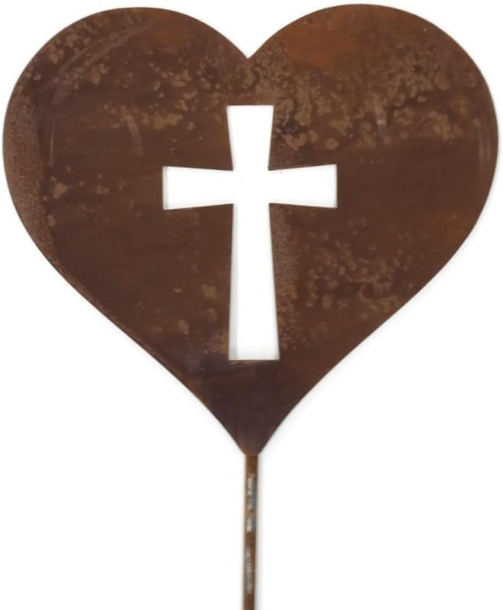 Pet Dog, Cat, Rabbit or Bird Keepsake Memorial Heart Garden Stake 20 to 28 Inches Tall (Large Heart, 28" Tall, Cross, Naturally Rusted)