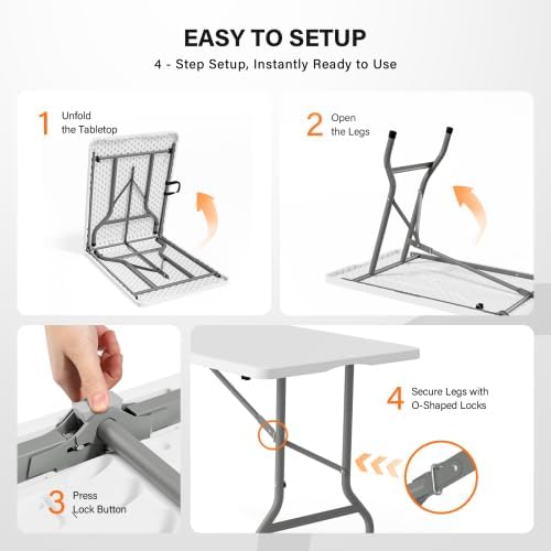 Bonnlo 2P Folding Table 6ft, Portable Collapsible Plastic White Long Tables for Party, Camping, Banquet, Craft, Dining, Wedding, Outdoor and Indoor Use
