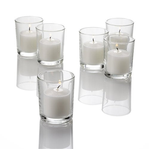 Set of 144 Richland Votive Candles Lavender Unscented and 144 Clear Glass Eastland Votive Holders