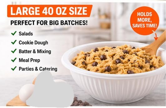 Disposable Plastic Mixing Bowls, 20 Pack, 40 oz Large Heavy Duty Bowls, Microwave Safe, BPA Free, Durable for Mixing, Meal Prep, Salad, Baking & Food Prep (20)