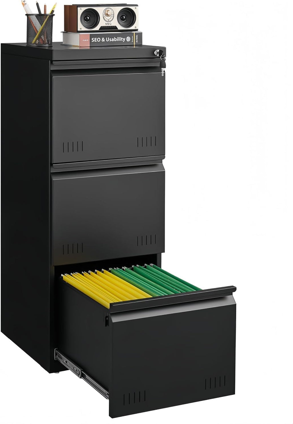 Guizeeopo 3 Drawer File Cabinet with Lock, File Cabinets for Home Office,Under Desk Cabinet, Locking File Cabinet for A4/Letter/Legal, Fully Assembled Expect Casters, Matte White