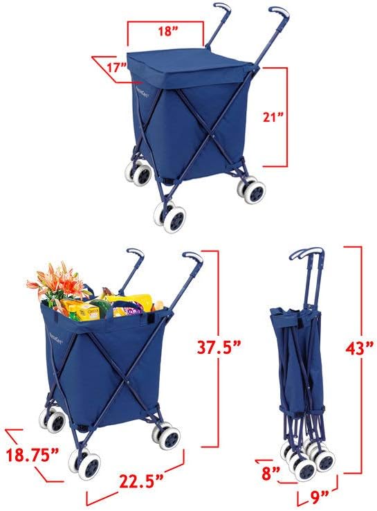 Versacart Transit -The Original Patented Folding Shopping and Utility Cart, Water-Resistant Heavy-Duty Canvas with Cover, Double Front Swivel Wheels, Compact Folding, Transport Up to 120 Pounds, Blue