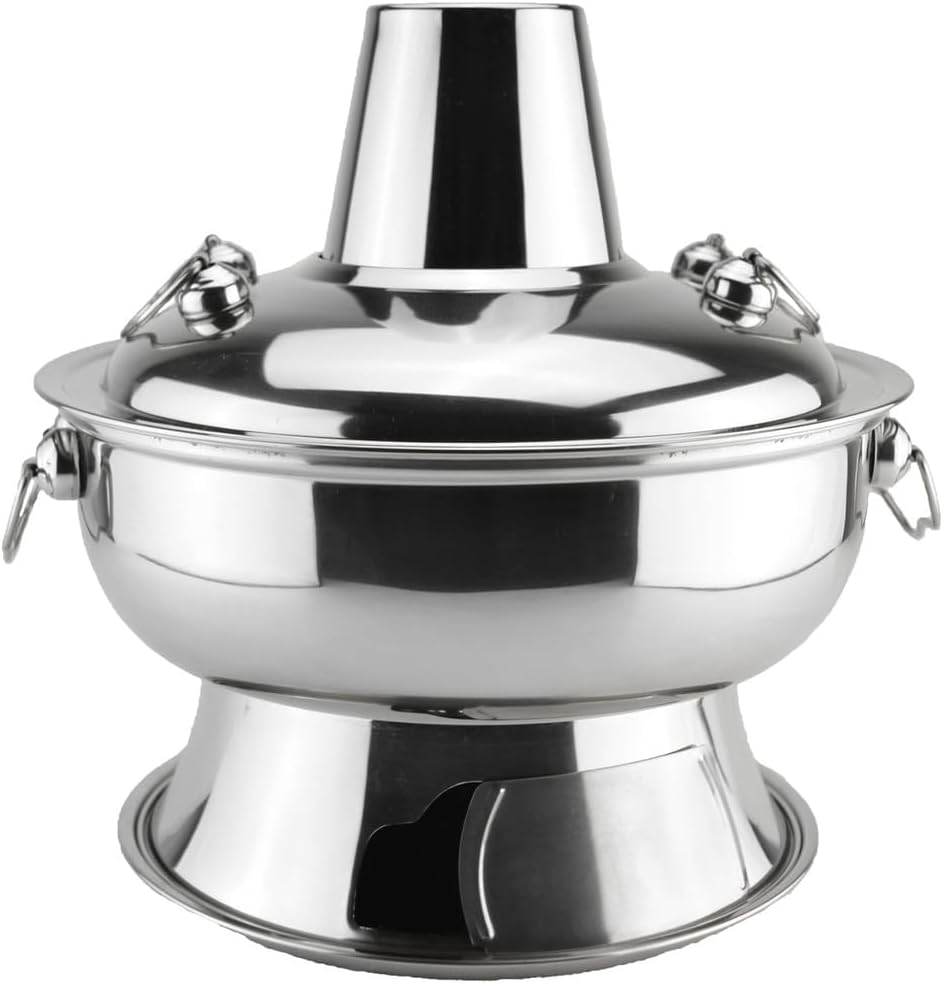 Hot Pot, Chinese Charcoal Hotpot, Extra Thick Stainless Steel Stew Pan, Vintage Hot Pot with Chimney Shabu Shabu Hotpot for Family Dinners and Stewed Lamb Camping,Silver,30cm/11.8inch