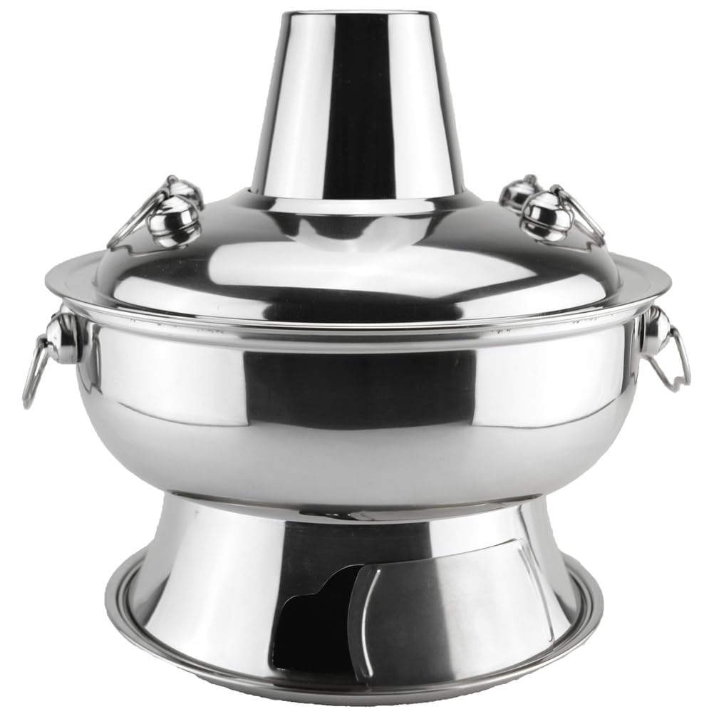 Hot Pot, Chinese Charcoal Hotpot, Extra Thick Stainless Steel Stew Pan, Vintage Hot Pot with Chimney Shabu Shabu Hotpot for Family Dinners and Stewed Lamb Camping,Brass,32cm/12.6inch