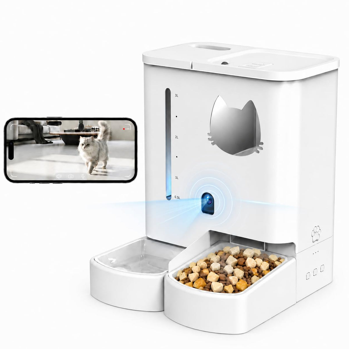 Waithem Automatic Cat Feeder with Camera, 5GHz/2.4GHz WiFi Smart Pet Food Dispenser with HD Night Vision, App Remote Control, 2-in-1 Food and Water Station, Detachable for Cleaning (Ice White)