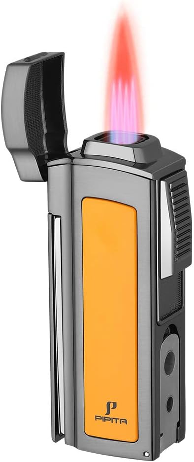 PIPITA Windproof Cigar Torch Metal Gas Cigarette Butane Lighter with Quad Blue Flame Refillable Lighter and Two Punch