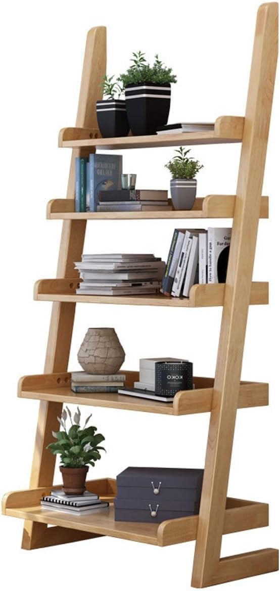 23.6x11.4x55in Ladder Bookshelf L-Shaped Leaning Bookcase Heavy Duty Solid Wood Floor Standing Storage Shelving Unit 5-Tier Bookshelves Shelf Organizer(Wood)