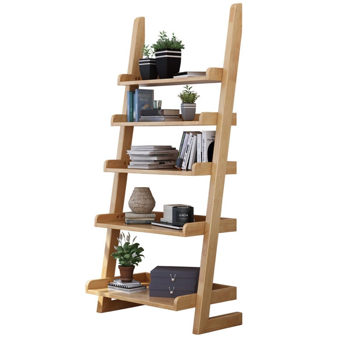 23.6x11.4x55in Ladder Bookshelf L-Shaped Leaning Bookcase Heavy Duty Solid Wood Floor Standing Storage Shelving Unit 5-Tier Bookshelves Shelf Organizer(Wood)