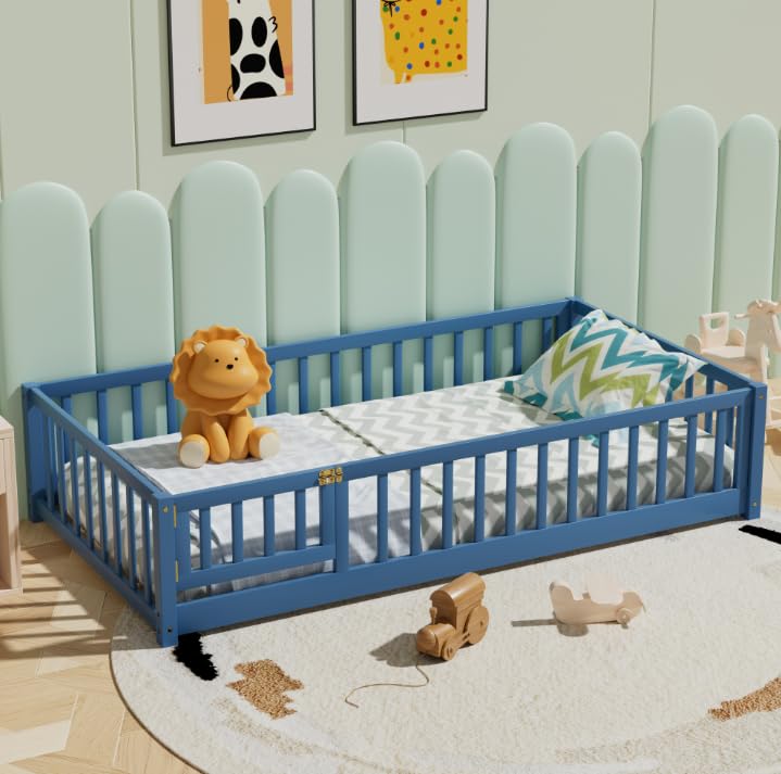 i-POOK Full Size Floor Bed for Children, Solid Wood Montessori Bed Frame with Fence & Door Montessori Floor Bed with Safety Guardrails for Girls and Boys, White (with Bed Slats)