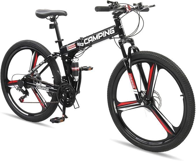 Ktaxon 26 Inch Folding Bike, 21 Speeds Foldable Bikes for Adults, Bicycle for Men & Women with Full-Suspension, Unique 3 Spoke Alloy Wheel, Dual Disc Brake, Quick Release and Adjustable Saddle