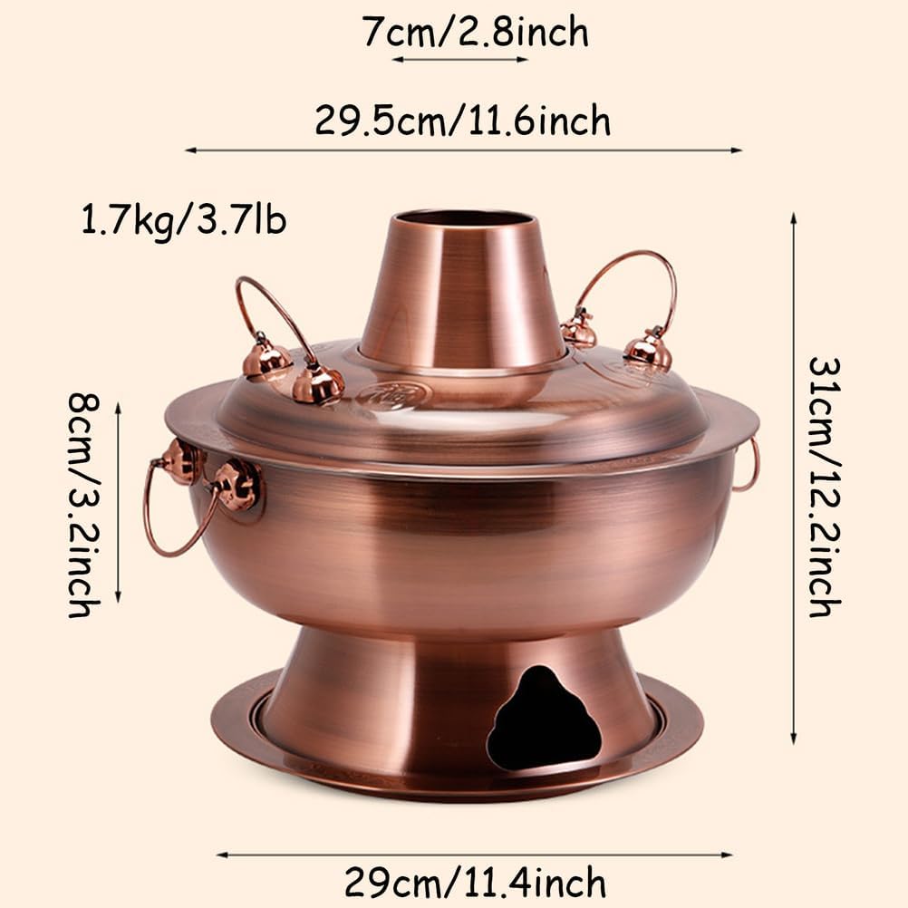 Hot Pot, Chinese Charcoal Hotpot, Extra Thick Stainless Steel Stew Pan, Vintage Hot Pot with Chimney Shabu Shabu Hotpot for Family Dinners and Stewed Lamb Camping,Silver,30cm/11.8inch