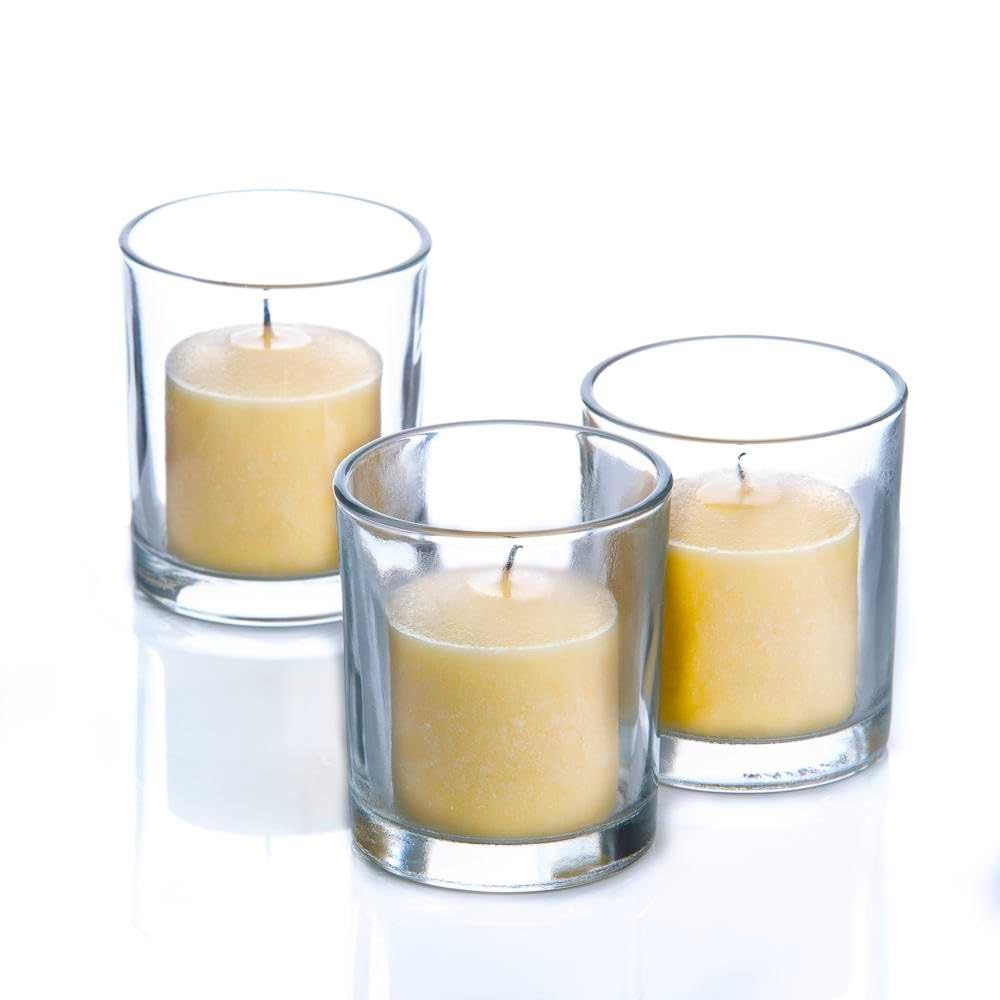 Set of 144 Richland Votive Candles White Unscented and 144 Clear Glass Eastland Votive Holders