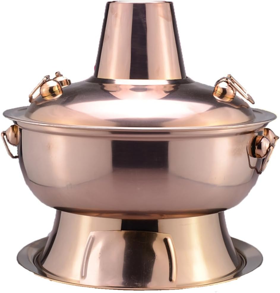 Hot Pot, Chinese Charcoal Hotpot, Extra Thick Stainless Steel Stew Pan, Vintage Hot Pot with Chimney Shabu Shabu Hotpot for Family Dinners and Stewed Lamb Camping,Brass,30cm/11.8inch