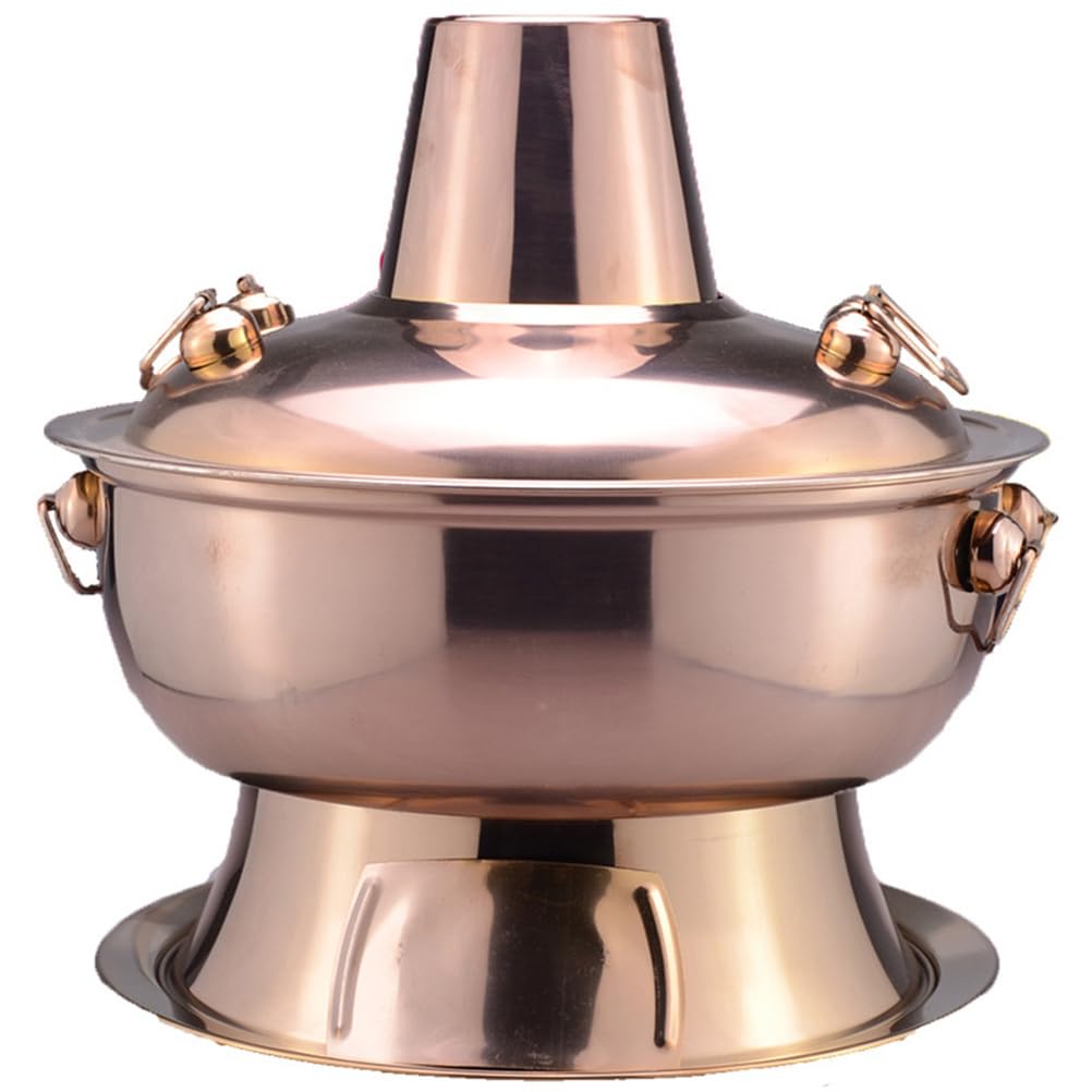Hot Pot, Chinese Charcoal Hotpot, Extra Thick Stainless Steel Stew Pan, Vintage Hot Pot with Chimney Shabu Shabu Hotpot for Family Dinners and Stewed Lamb Camping,Silver,30cm/11.8inch