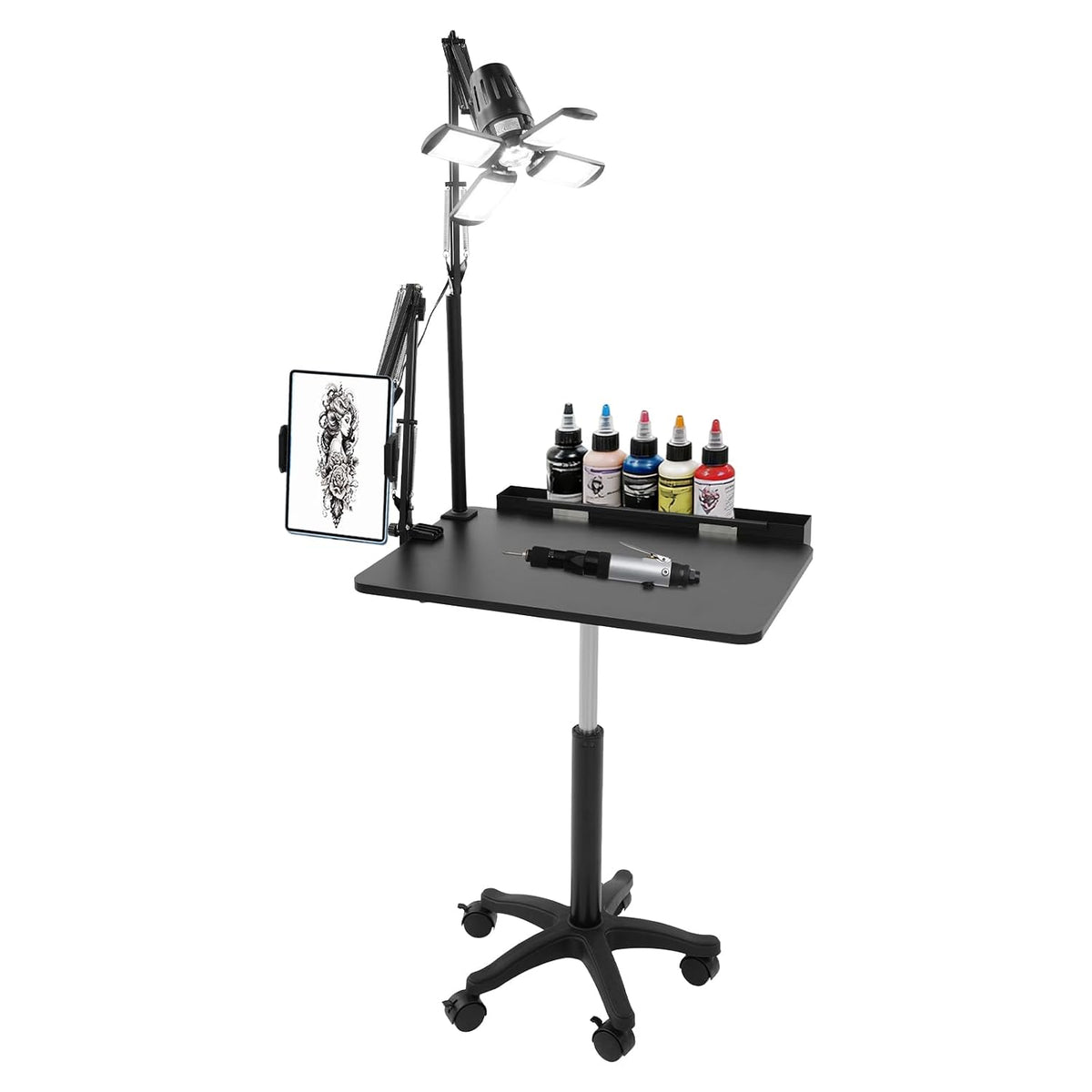 Professional Tattoo Workstation with LED Light, Adjustable Tattoo Artist Table with 6-9in Holder, Rolling Tattoo Desk Cart with Lockable Wheels, Mobile Tattoo Trolley for Studio Salon