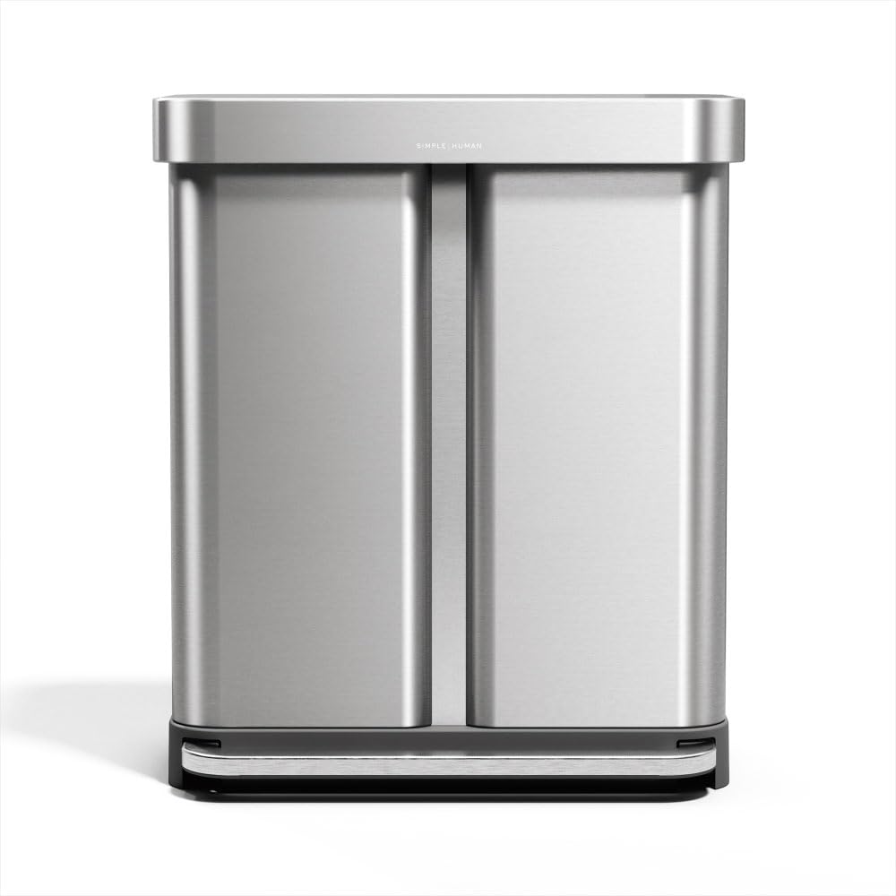 simplehuman Step Recycler, 58L / 15.3 Gallon Dual Compartment Kitchen Trash Can, 150,000-Step Pedal, Lid Shox® Technology, Liner Rim System, Liner Pocket®, Brushed Stainless Steel with Plastic Lid