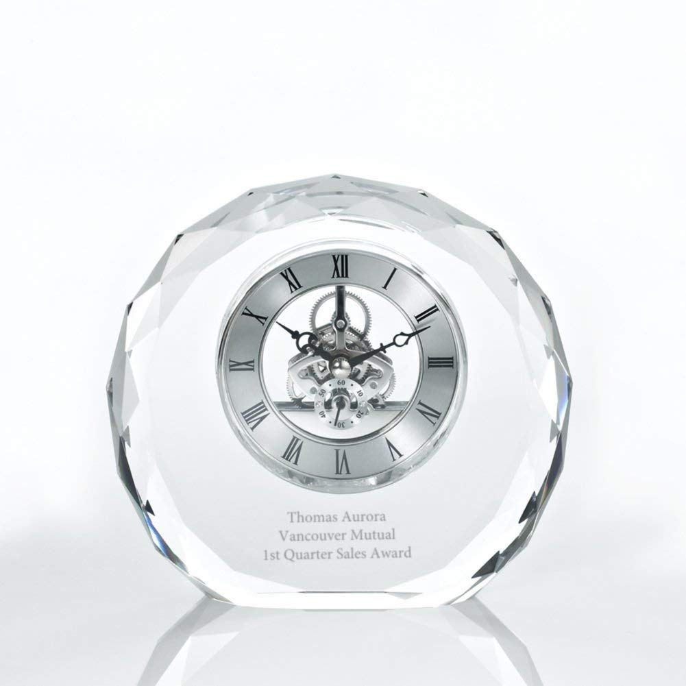 Engraved Clock Trophy - Gold Executive Crystal - Round Beveled Skeleton