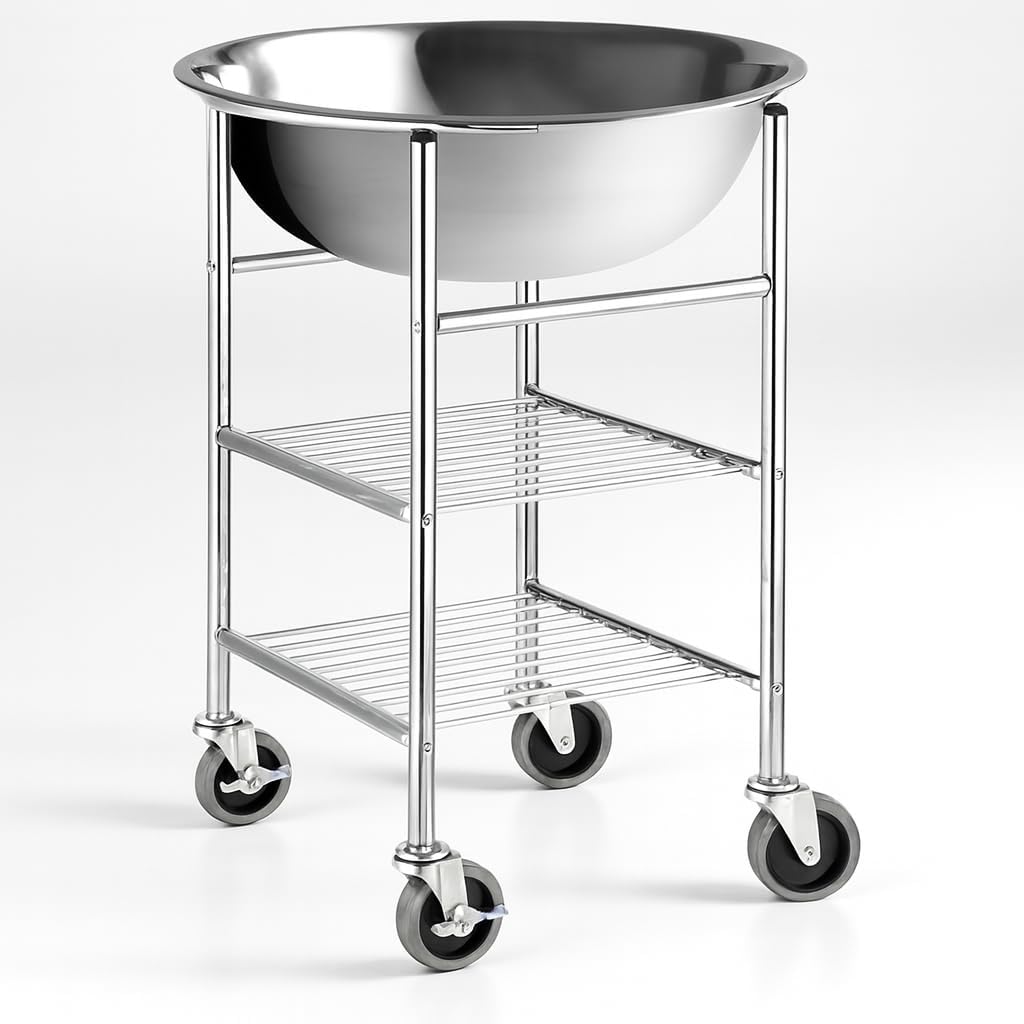 30 Qt. Stainless Steel Mixing Bowl and Stand Kit – Heavy Duty Commercial Mixing Bowl with Mobile Stand, Dual Shelves, and Locking Casters for Kitchen or Bakery Use