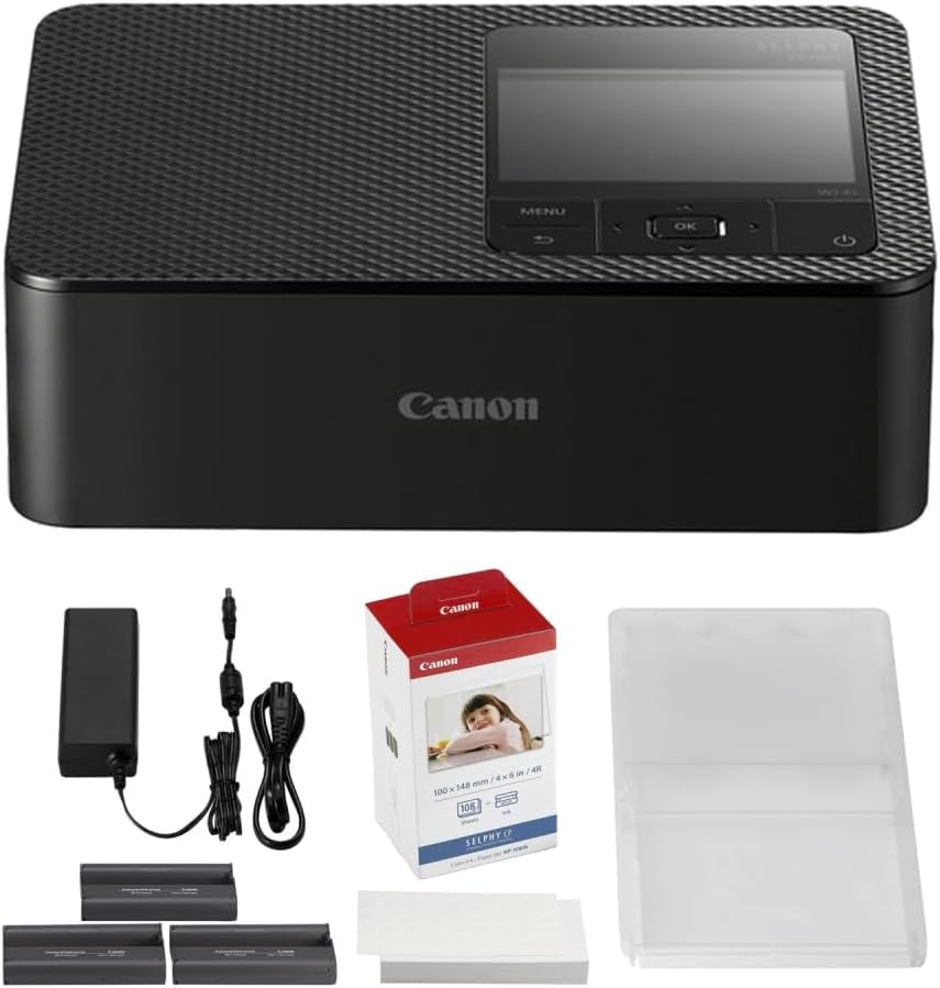 Canon SELPHY CP1500 Compact Photo Printer | Black with KP-108IN Color Ink and Paper Set (2 Items)