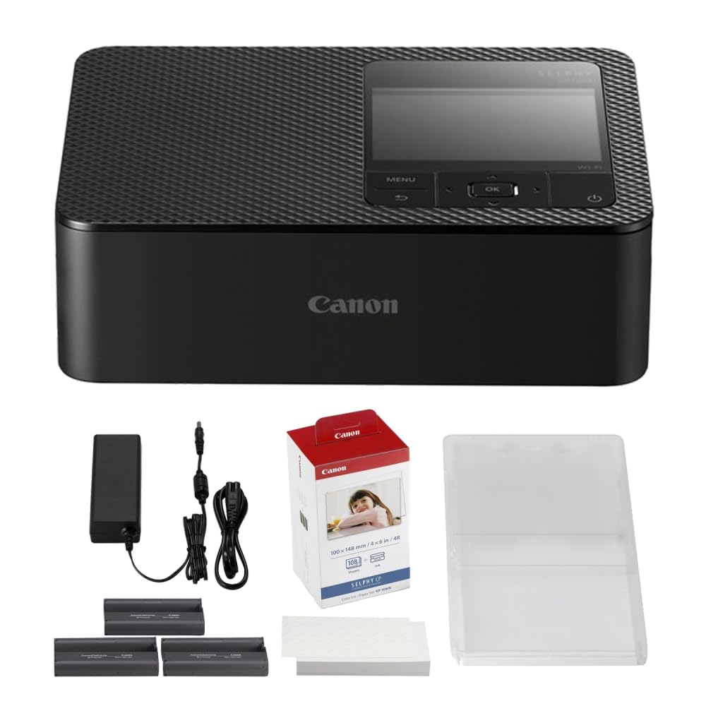 Canon SELPHY CP1500 Compact Photo Printer | Black with KP-108IN Color Ink and Paper Set (2 Items)