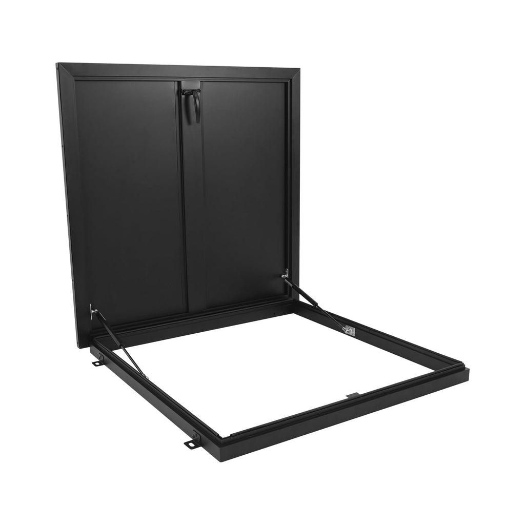 Aluminum Alloy Security Roof Hatch, 90° Hydraulic Escape Vent w/Lockable Egress Window Cover, Heavy-Duty Emergency Access Door for Attic & Commercial Buildings (23.6 * 23.6in, Black)