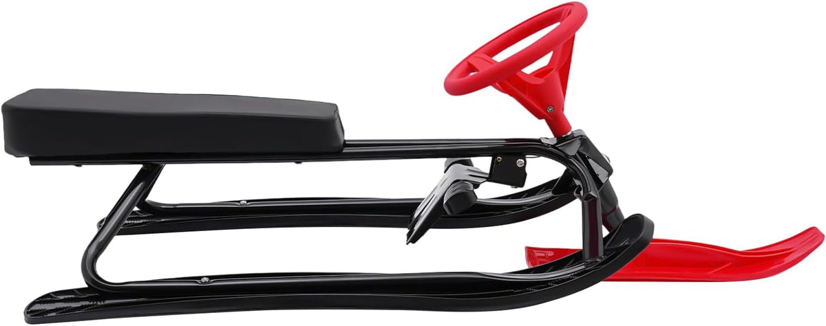 Snow Racer Sled, 220Lbs Capacity Ski Sled Slider Board Kids Teens Winter Sport Sled Metal Snow Sand Grass Slider w/Steering Wheel & Double Brakes for Skiing Ice Skating Sand Skating