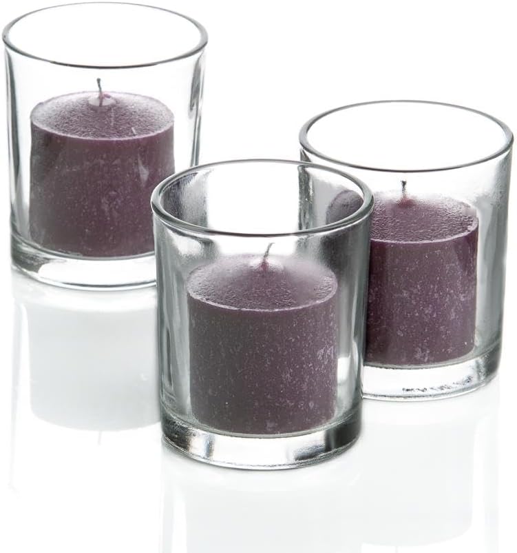 Set of 144 Richland Votive Candles Purple Unscented and 144 Clear Glass Eastland Votive Holders