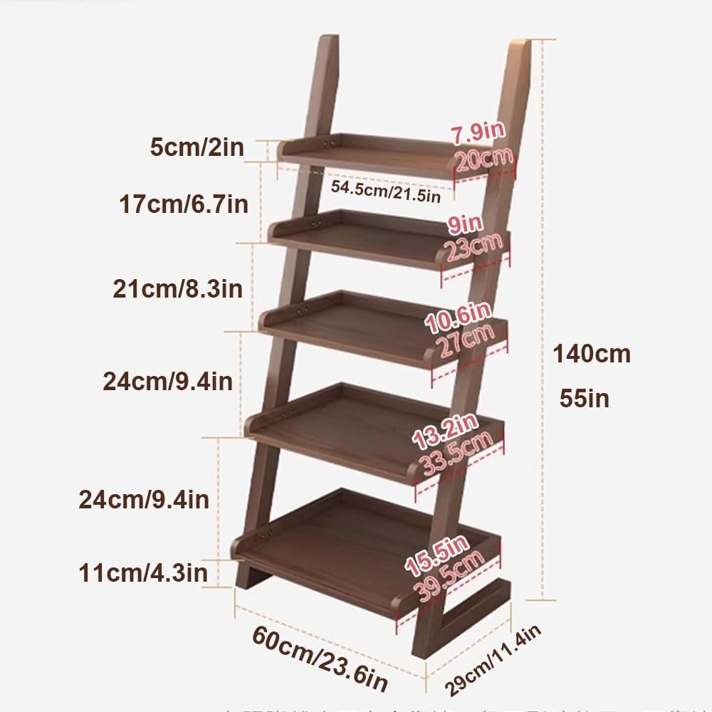 23.6x11.4x55in Ladder Bookshelf L-Shaped Leaning Bookcase Heavy Duty Solid Wood Floor Standing Storage Shelving Unit 5-Tier Bookshelves Shelf Organizer(Wood)
