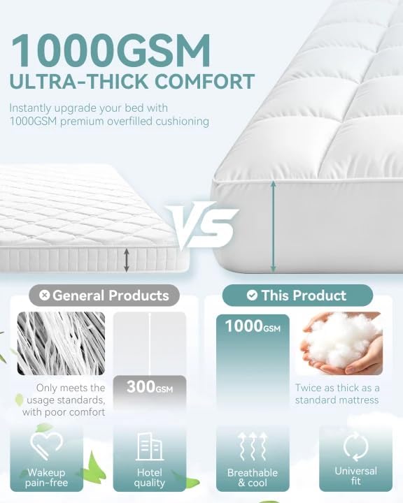 Mattress Topper, 1000 GSM 3X Thicker WestMonth Premium Quilted 1000gsm Extra Thick Hotel-Quality Mattress Topper for Back Pain, Breathable & Fluffy Cooling with (8-21") Deep Pocket（Queen）