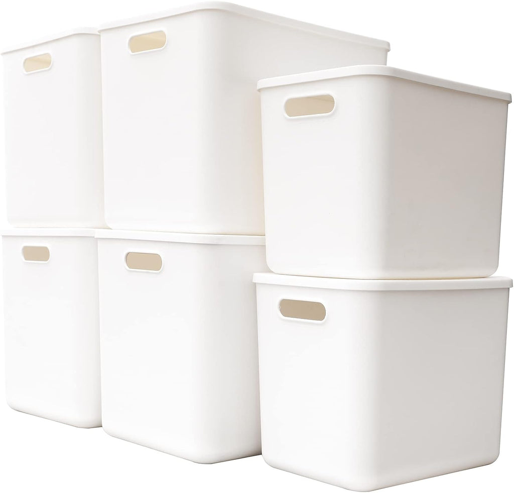 Yishyfier Plastic Storage Baskets Bins Boxes With Lids,Organizing Container White Storage Organizer Bins For Shelves Drawers Desktop Playroom Classroom Office,6-Pack(4XL+2L)