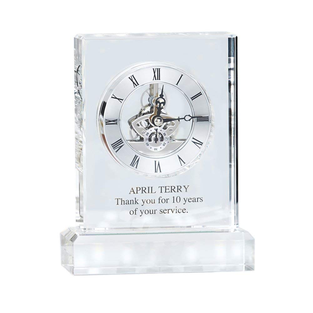 Custom Engraved Clock Trophy - Executive Crystal - Rectangular Shaped on a Rectangular Base - Gold Inset - Add Your Logo
