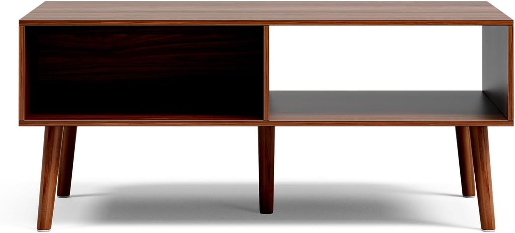 LCRBOL Coffee Table with Fluted Sliding Door, Mid-Century, Walnut