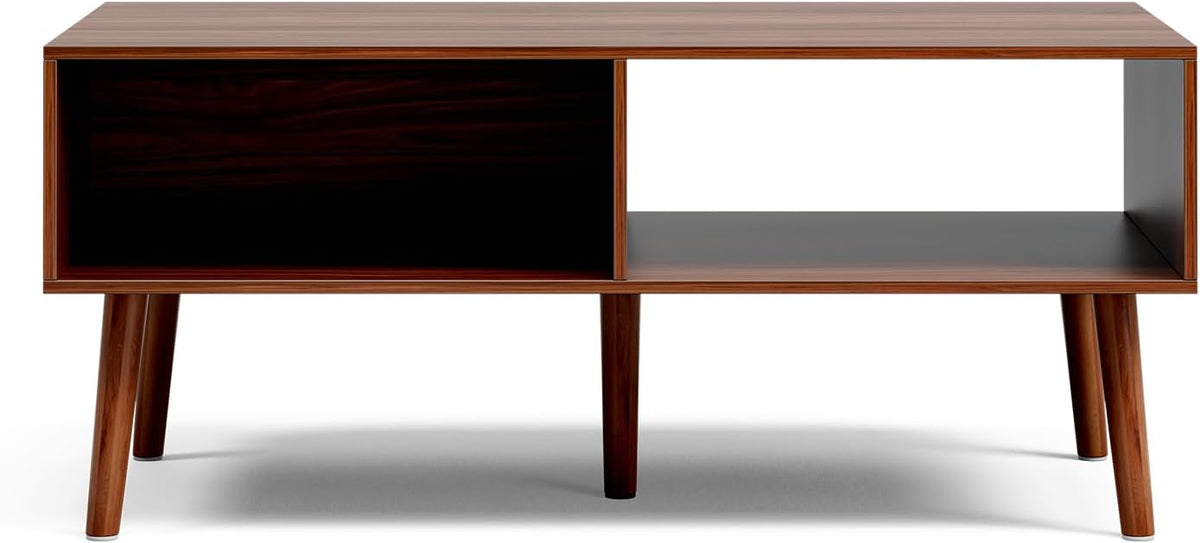 LCRBOL Coffee Table with Fluted Sliding Door, Mid-Century, Walnut