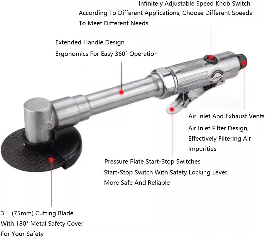 3 Inch Pneumatic Angle Grinder, Long Handle Pneumatic Cut-Off Tool, 18000 Rpm Cutting Machine Air Cut-Off Tool Extended Cutting Tool, 1/4 Inch Air Inlet