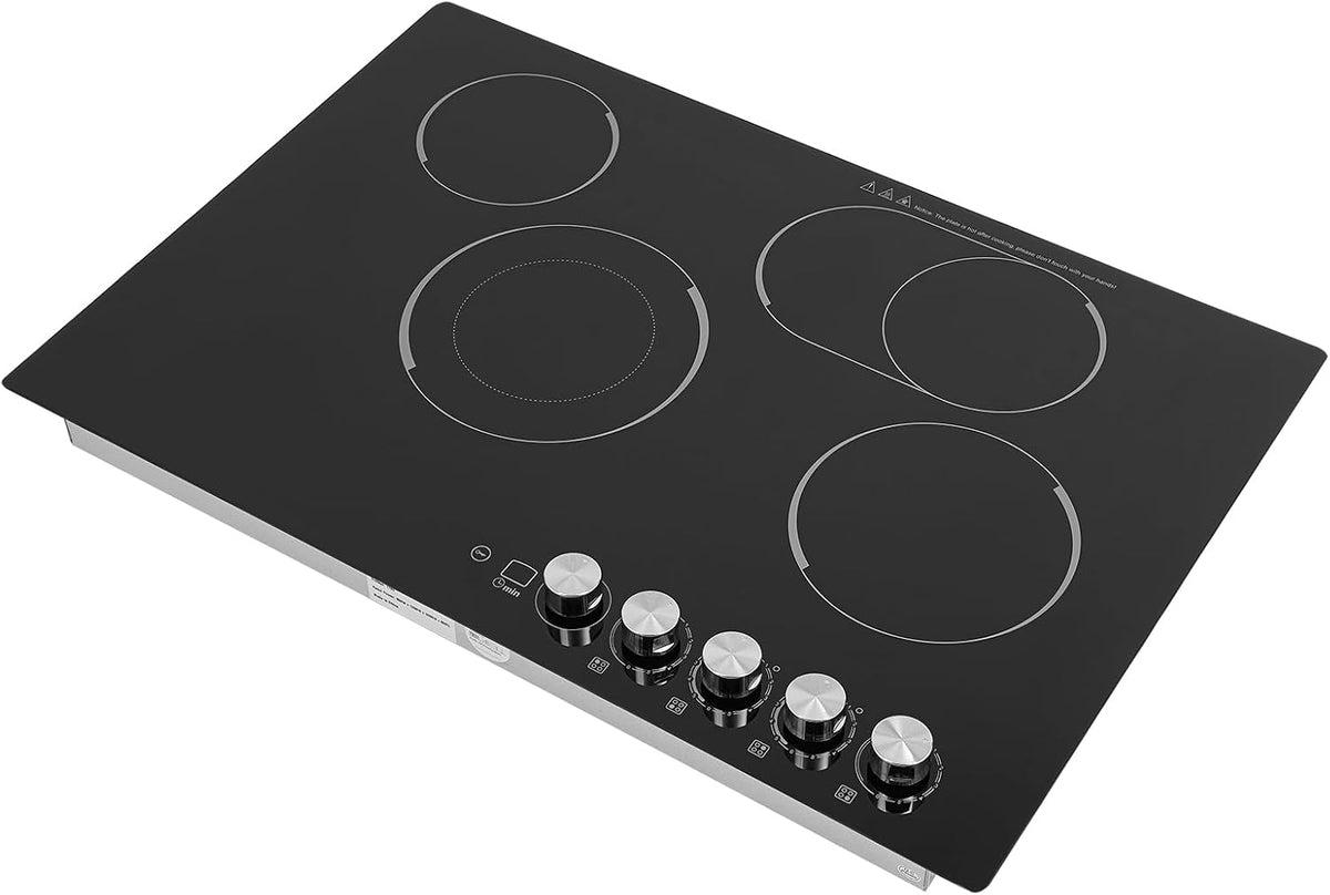 4-Burner Cooktop 110V 1200W Built-in Stove Top with 0-90mins Timer,with Independent Knob Child Lock 4 Power Levels Ceramic Cooktop for Kitchens, No Plug