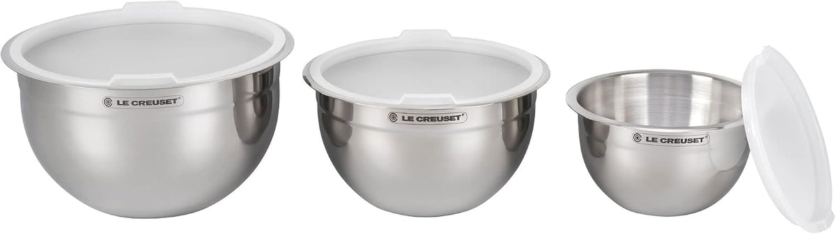 Le Creuset Stainless Steel Nested Mixing Bowls with Plastic Lids, Set of 3