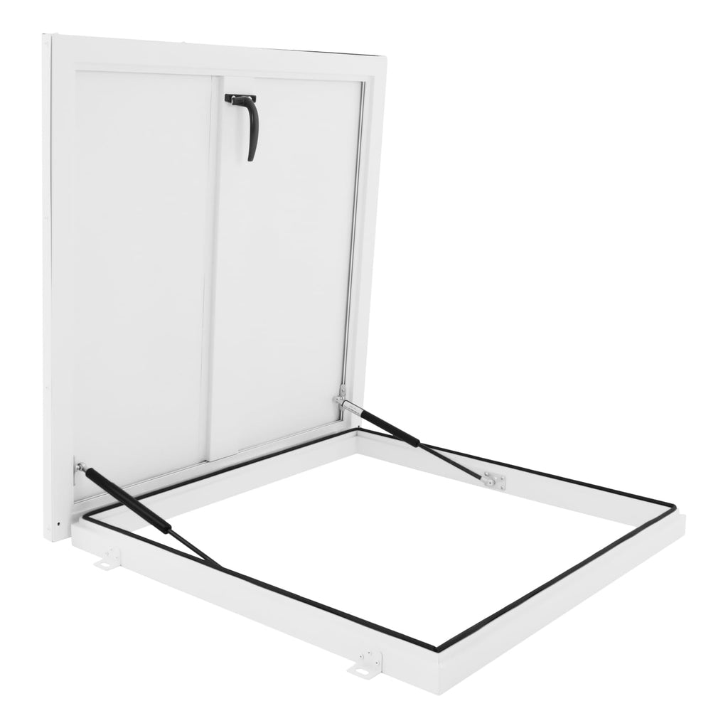 Aluminum Alloy Security Roof Hatch, 90° Hydraulic Escape Vent w/Lockable Egress Window Cover, Heavy-Duty Emergency Access Door for Attic & Commercial Buildings (23.6 * 23.6in, Black)