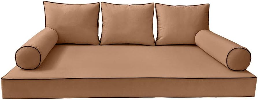 Prolinemax Style 3 - Mattress & Pillow Bolster Cushion for Outdoor Indoor Daybed Porch Swing Bed Contrast Trim Twin-XL Size AD104 | Covers ONLY |