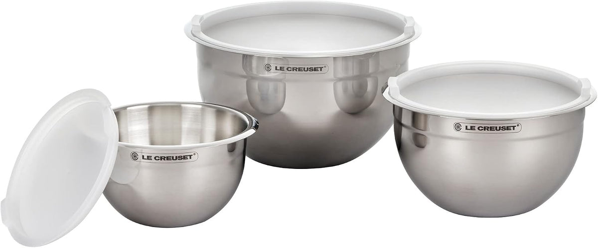 Le Creuset Stainless Steel Mixing Bowls with Glass Lids, Set of 3