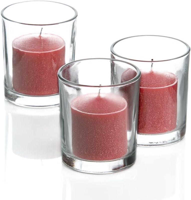 Set of 144 Richland Votive Candles Red Unscented and 144 Clear Glass Eastland Votive Holders