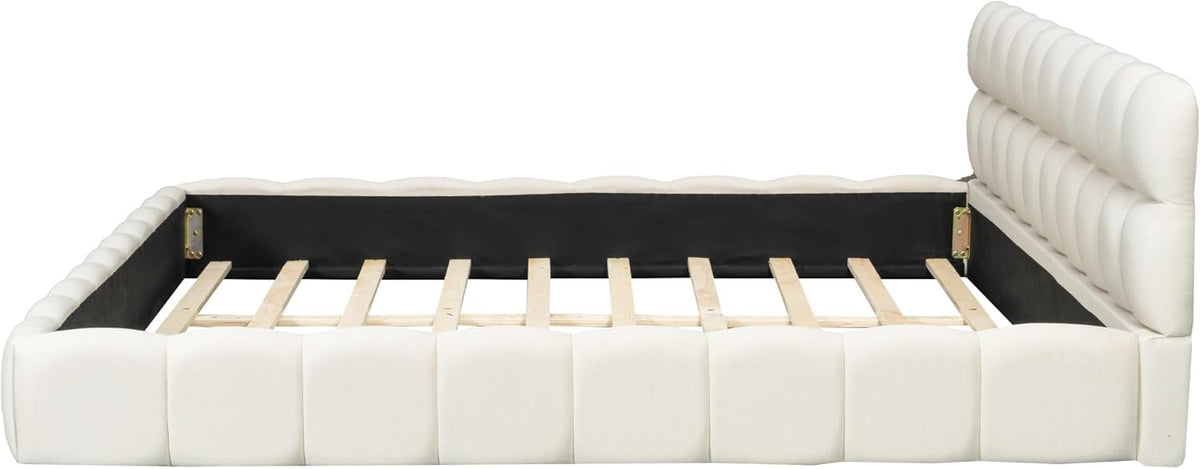 Grounded Bed Upholstered Platform Bed with Unique Design Thick Fabric Headboard, Wood Platform Bed Frame for Kids Adults Bedroom Furniture, Upholstered Floor Bed (Beige-1, King)