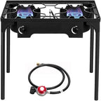 Bonnlo 2 Burner Outdoor Portable Propane Stove Gas Cooker, Heavy Duty Iron Cast Patio Burner with Detachable Stand Legs for Camp Cooking (2-Burner 150,000-BTU)