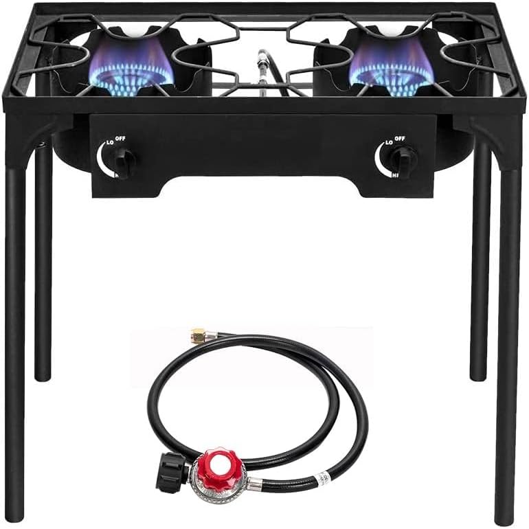Bonnlo 2 Burner Outdoor Portable Propane Stove Gas Cooker, Heavy Duty Iron Cast Patio Burner with Detachable Stand Legs for Camp Cooking (2-Burner 150,000-BTU)