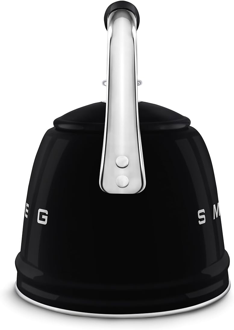 SMEG Stovetop Whistling Kettle – 50s Retro Style, 2.3 Liter (10 Cup / 2.4 Quart) Stainless Steel Tea Kettle with Iconic Design & Whistle – Premium Kitchen Statement Piece-Black