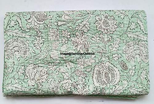 Indian Handblock Kantha Floral Printed Handmade Quilted Blanket Vintage Home Decorative KanthaThrow Blanket Kantha Bedcover Queen/King/CaliforiniaKing (Green, California King(108X108) inches)